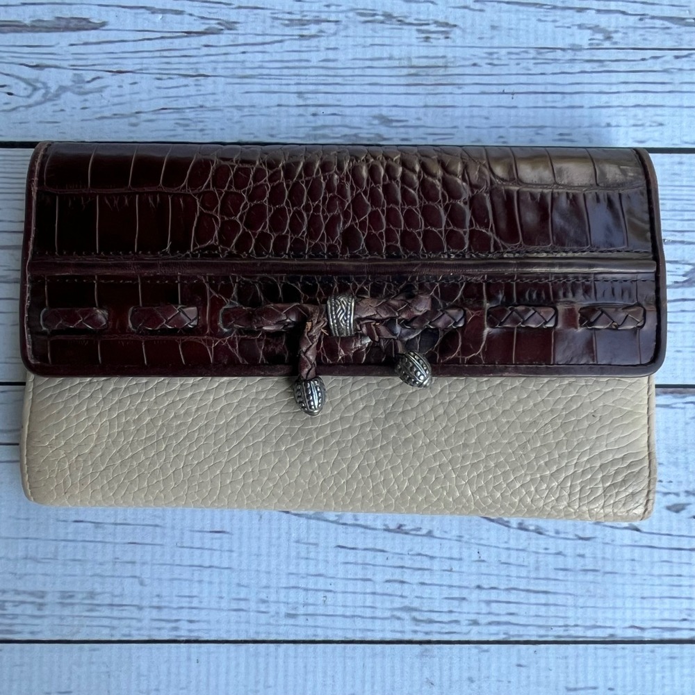 Brighton Brown Croc Embossed Cream Tan Pebbled Leather Trifold Wallet Crossbody